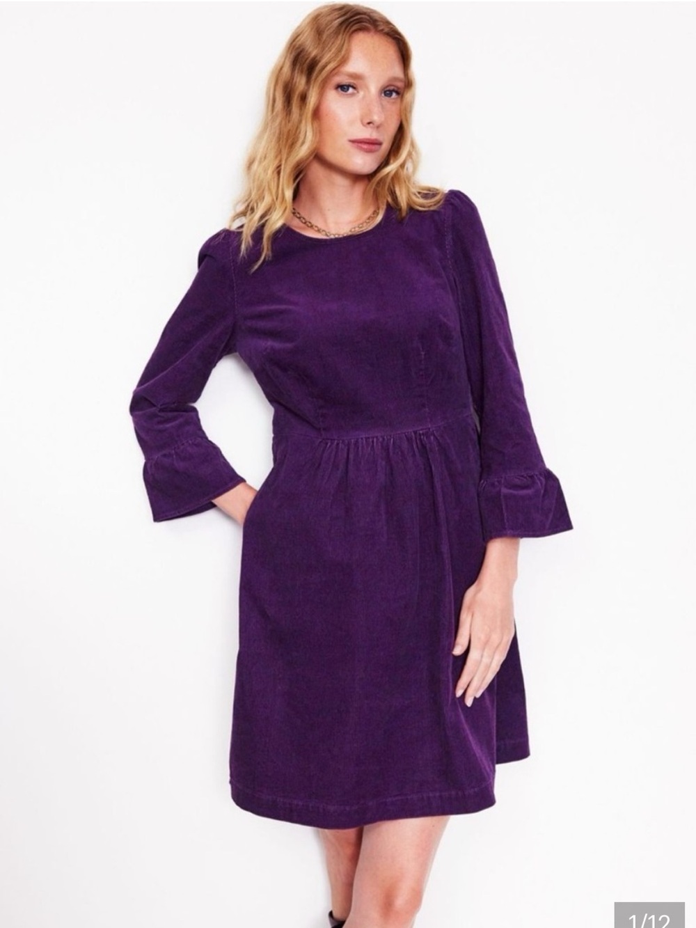 Boden Ora Short Cord Corduroy Dress Purple US 14R. Bell Sleeve. New With Tags